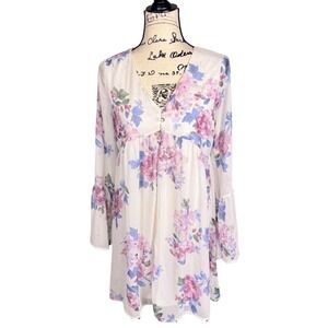 Peach Love Mini Dress Button Front Trumpet Bell Sleeve Floral Empire Sz Small